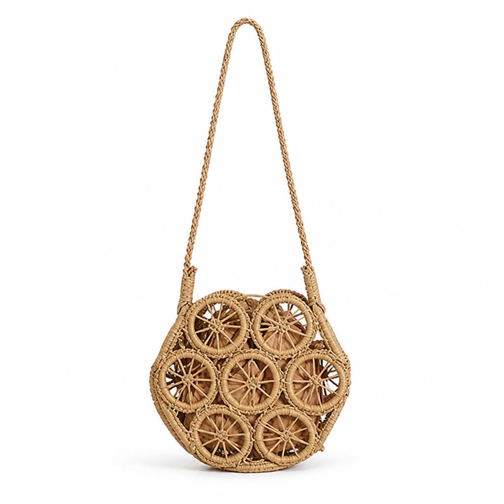 Handwoven Raffia Embellished Shoulder Bag (Long Strap)