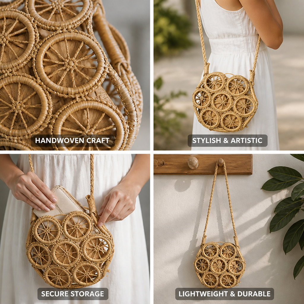 Handwoven Raffia Embellished Shoulder Bag (Long Strap)