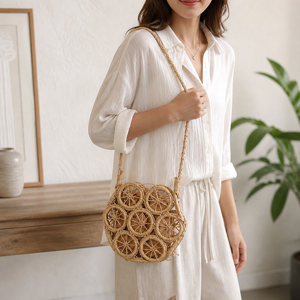 Handwoven Raffia Embellished Shoulder Bag (Long Strap)