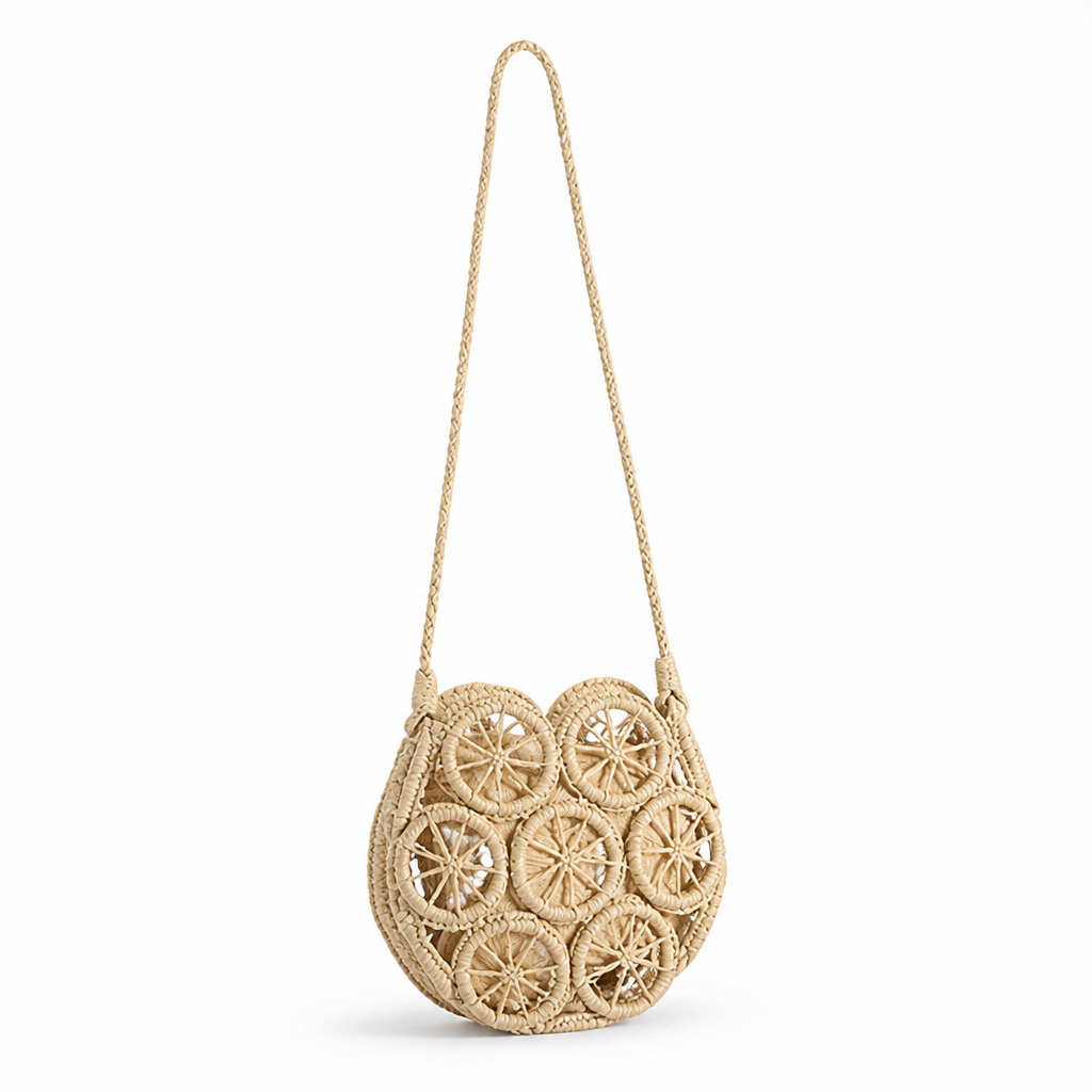 Handwoven Raffia Embellished Shoulder Bag (Long Strap)