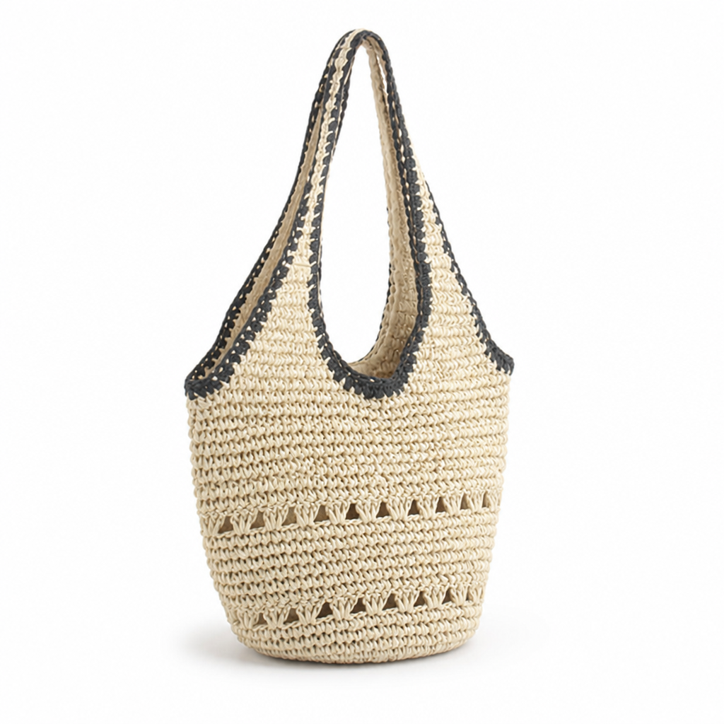 Handwoven Raffia Lace-Trim Beach Tote