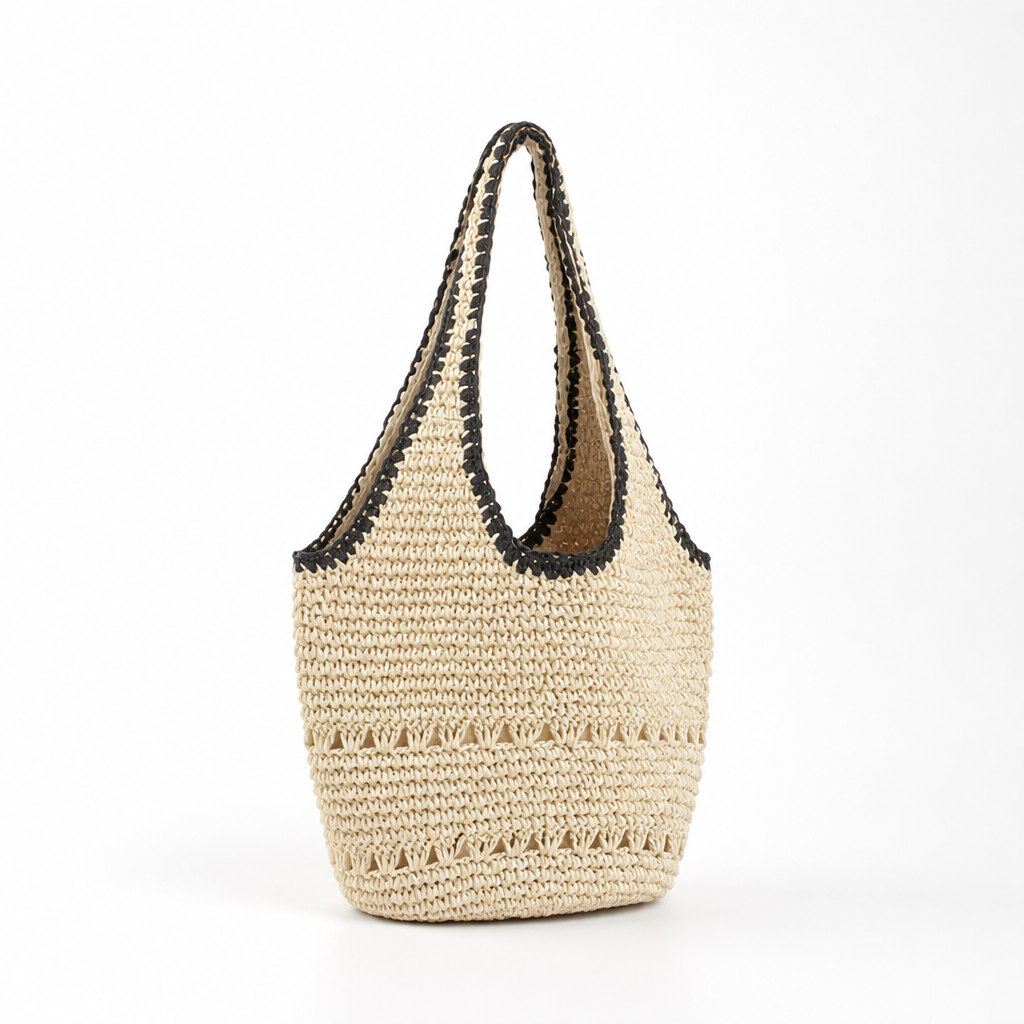 Handwoven Raffia Lace-Trim Beach Tote