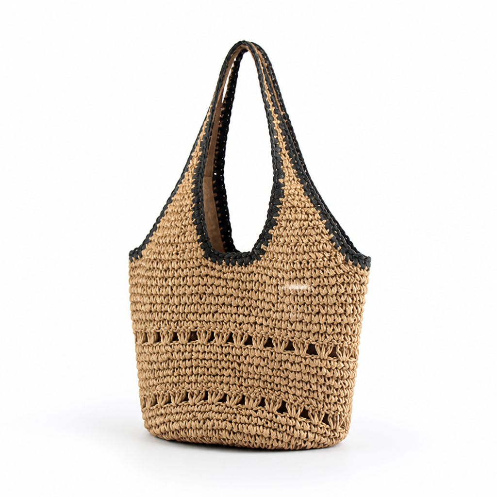 Handwoven Raffia Lace-Trim Beach Tote