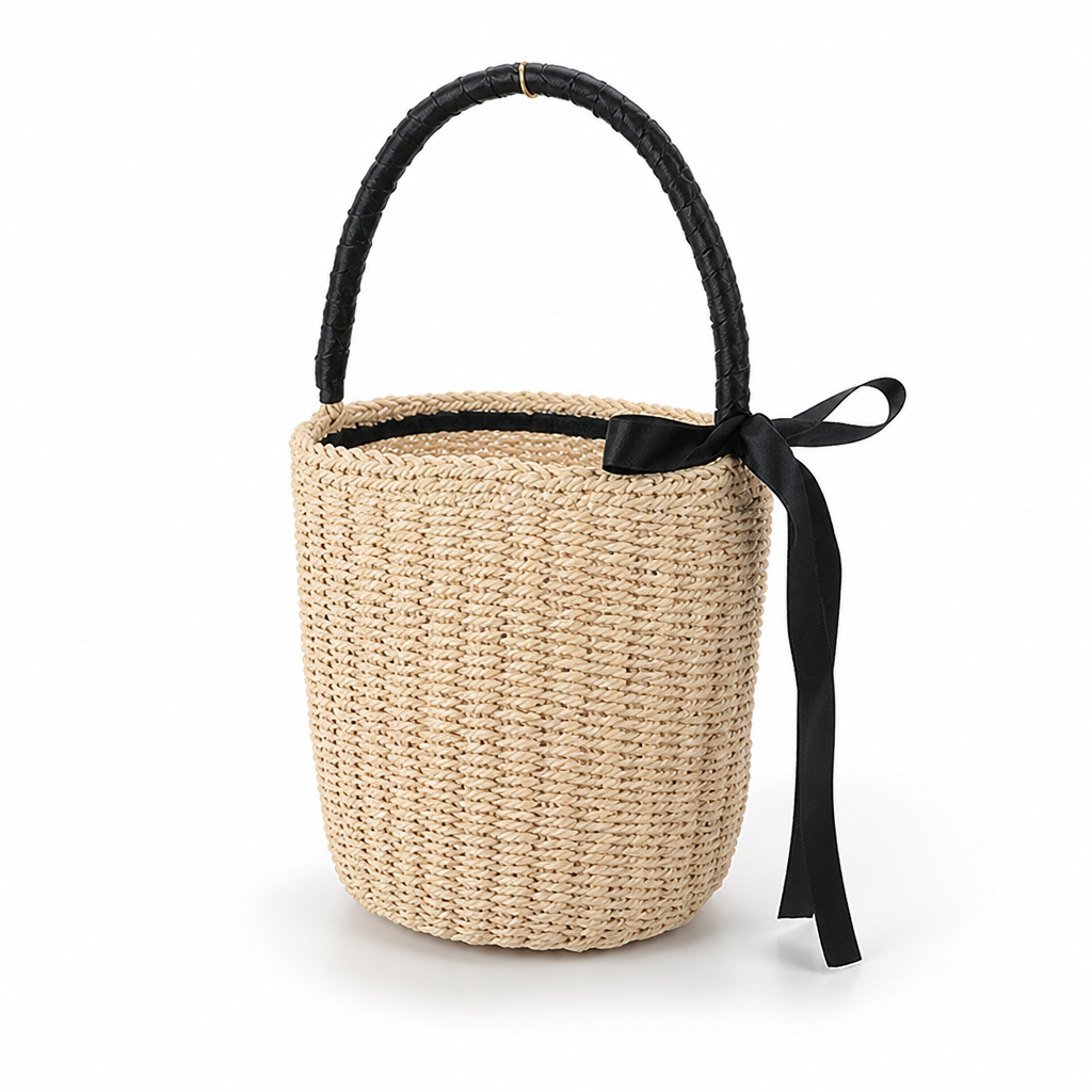 Handwoven Raffia Ribbon-Trim Basket Bag