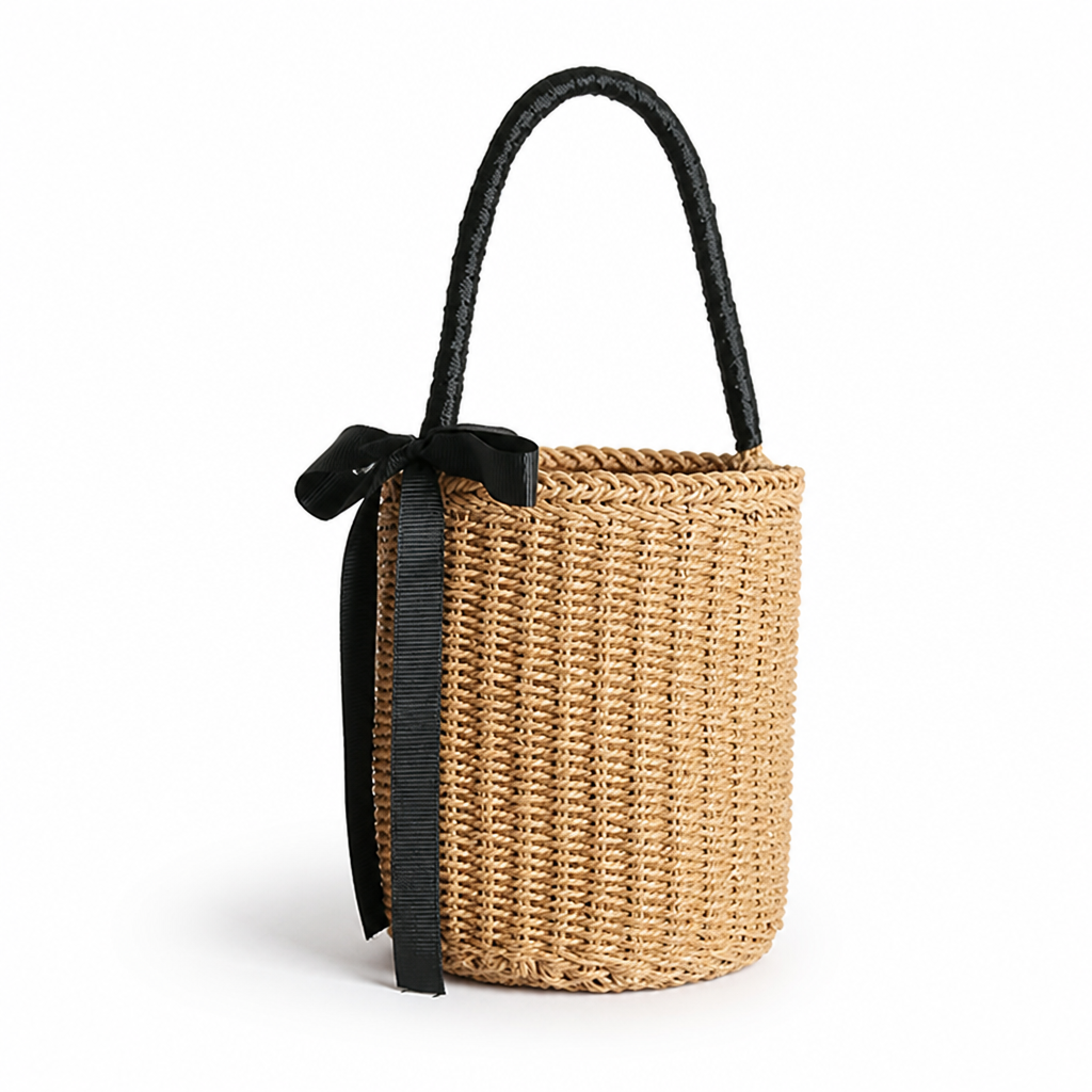 Handwoven Raffia Ribbon-Trim Basket Bag