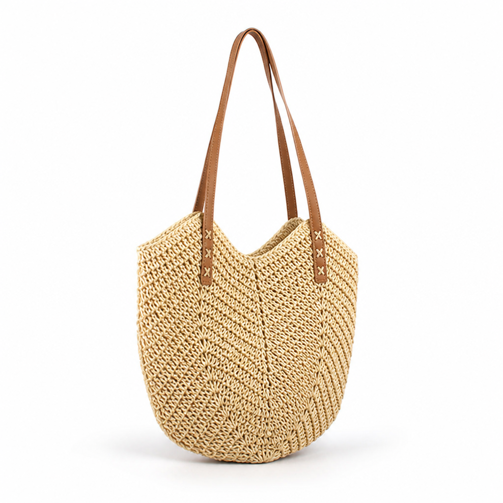 Handwoven Raffia Tote (Wide Leather Handles)