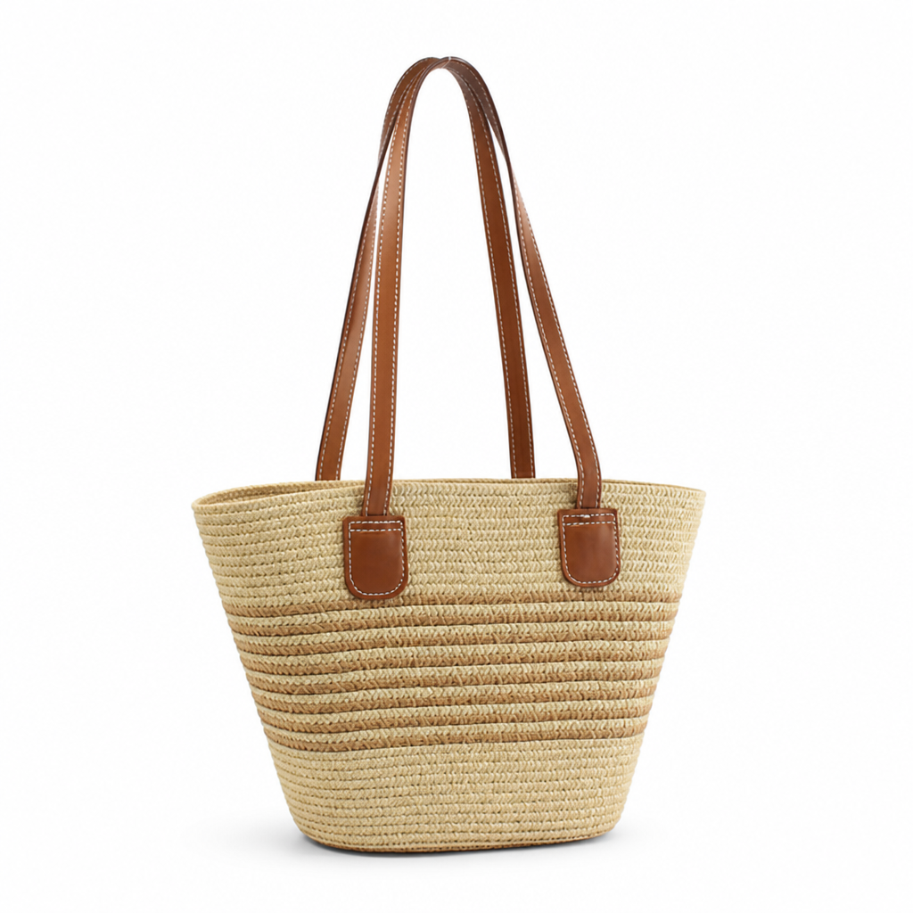 Handwoven Raffia Tote With Faux Leather Handles