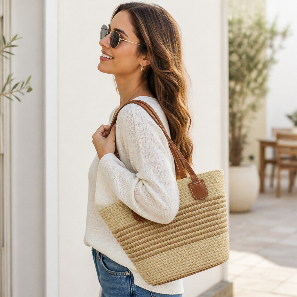 Handwoven Raffia Tote With Faux Leather Handles