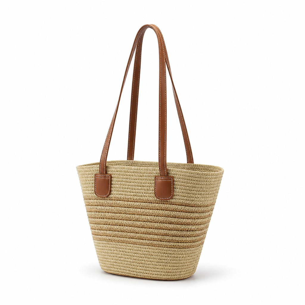 Handwoven Raffia Tote With Faux Leather Handles
