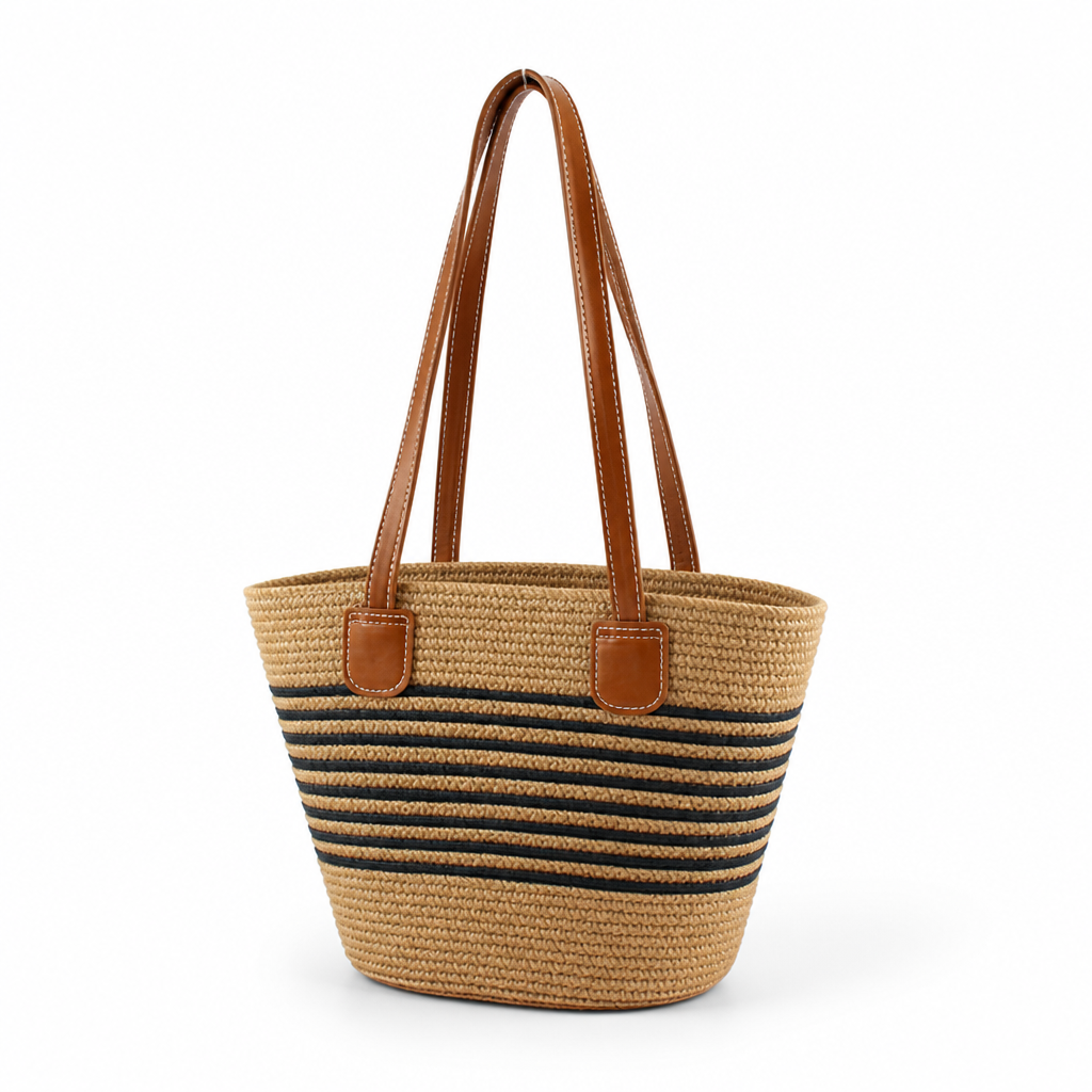 Handwoven Raffia Tote With Faux Leather Handles