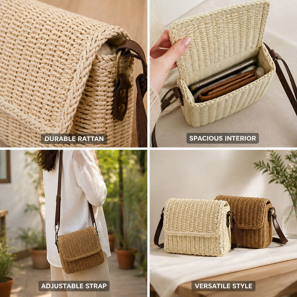 Handwoven Rattan Shoulder Bag (Adjustable Strap)