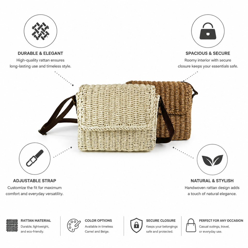 Handwoven Rattan Shoulder Bag (Adjustable Strap)