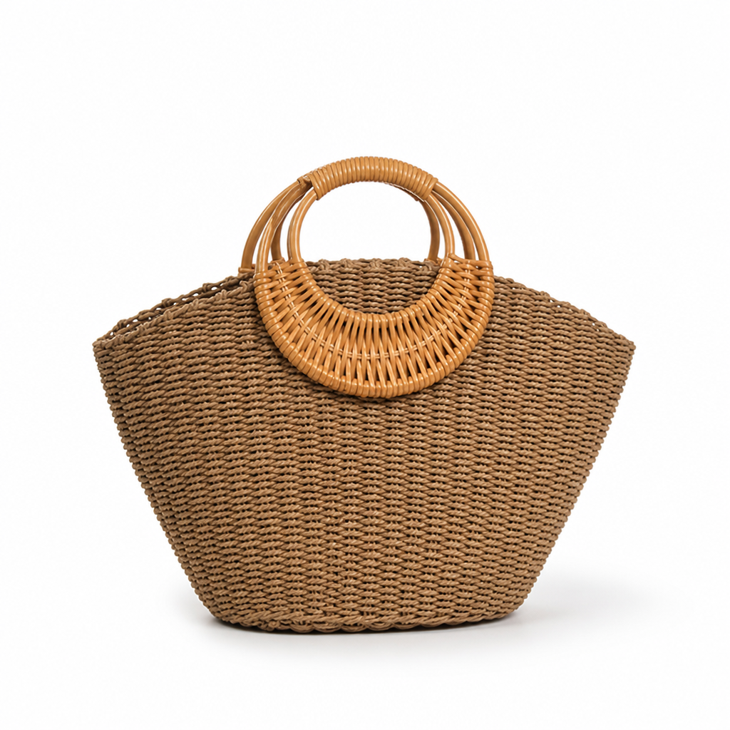 Handwoven Rattan Wide-Bottom Handbag (Round Wooden Handles)