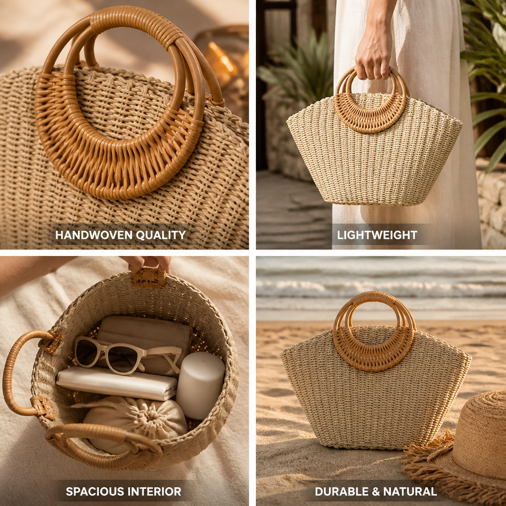 Handwoven Rattan Wide-Bottom Handbag (Round Wooden Handles)