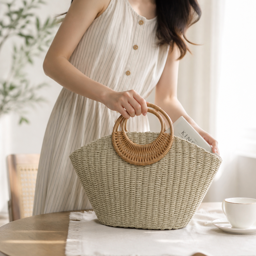 Handwoven Rattan Wide-Bottom Handbag (Round Wooden Handles)