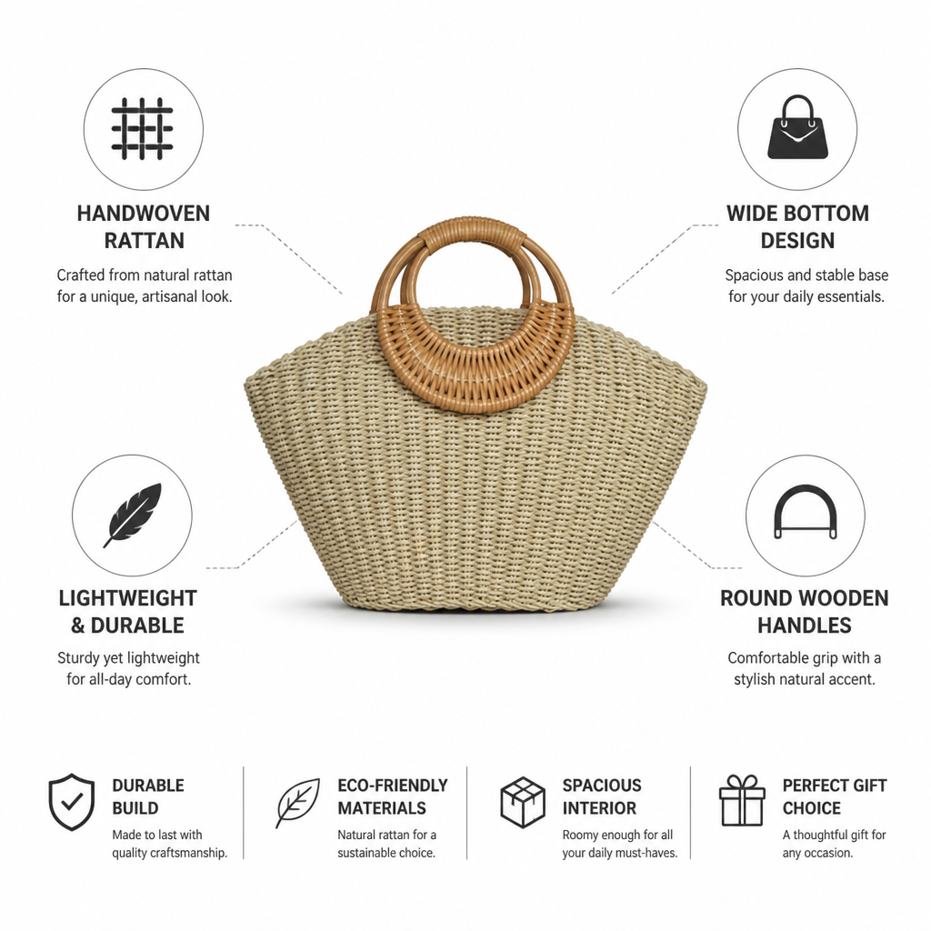 Handwoven Rattan Wide-Bottom Handbag (Round Wooden Handles)
