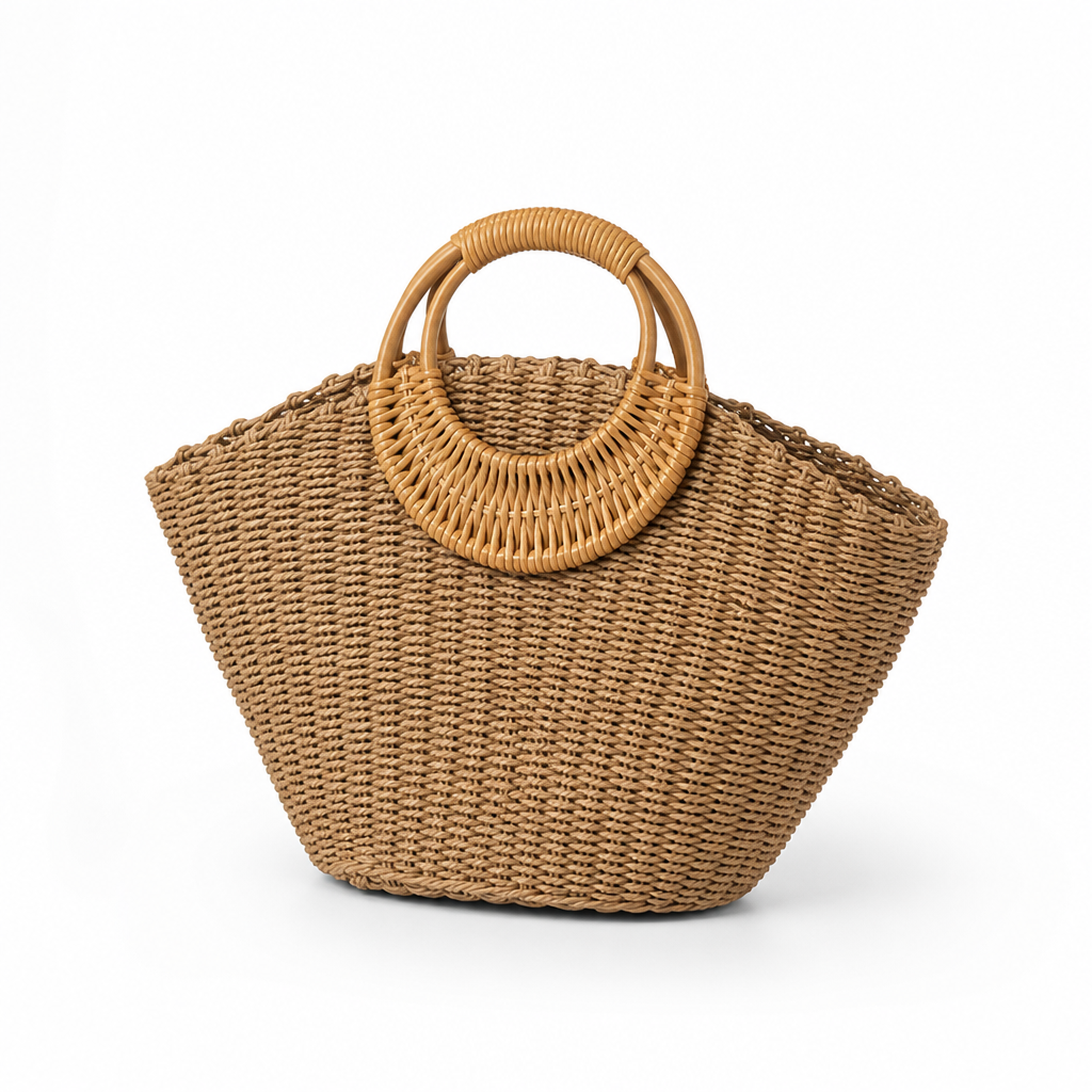 Handwoven Rattan Wide-Bottom Handbag (Round Wooden Handles)