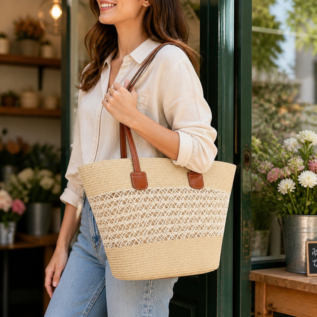 Handwoven Straw Faux Leather Handles Beach Bag