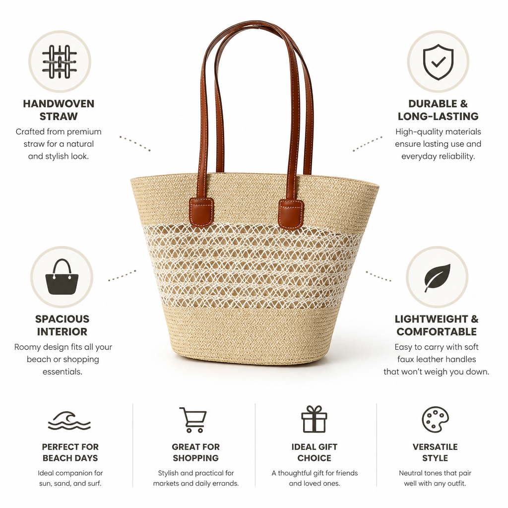 Handwoven Straw Faux Leather Handles Beach Bag