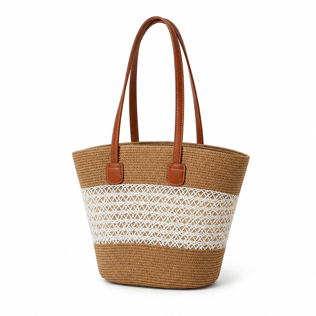 Handwoven Straw Faux Leather Handles Beach Bag