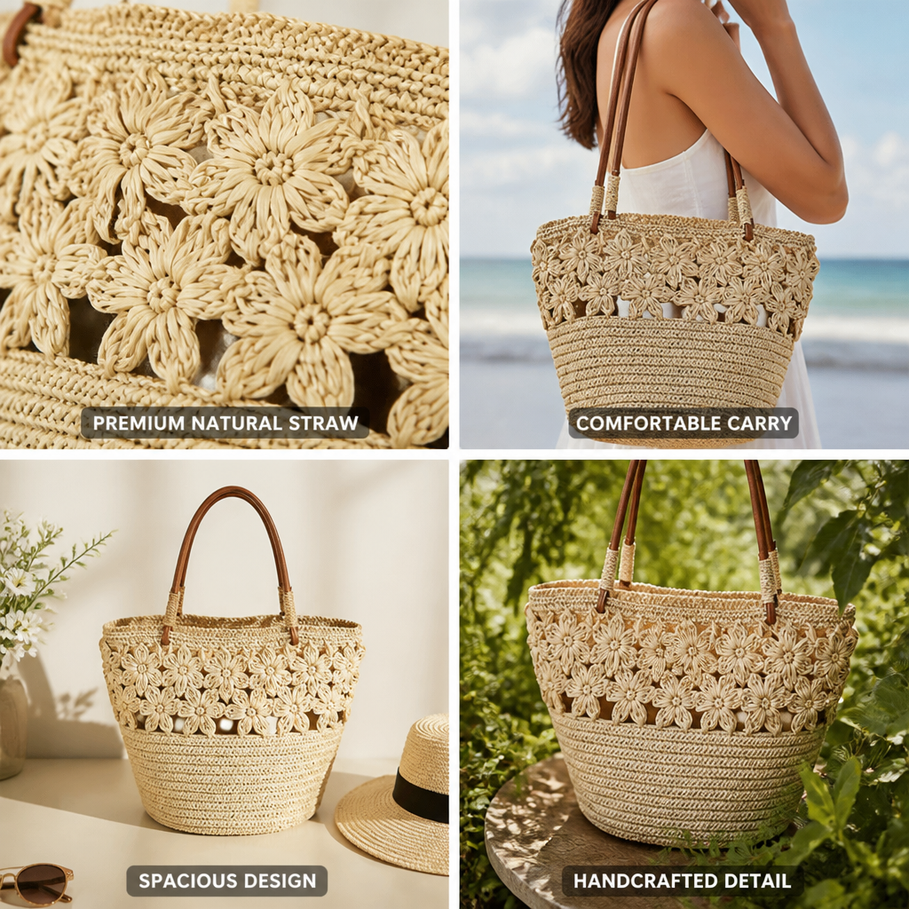 Handwoven Straw Tote (Leather Handles & Floral Accents)
