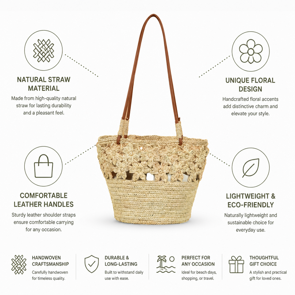 Handwoven Straw Tote (Leather Handles & Floral Accents)