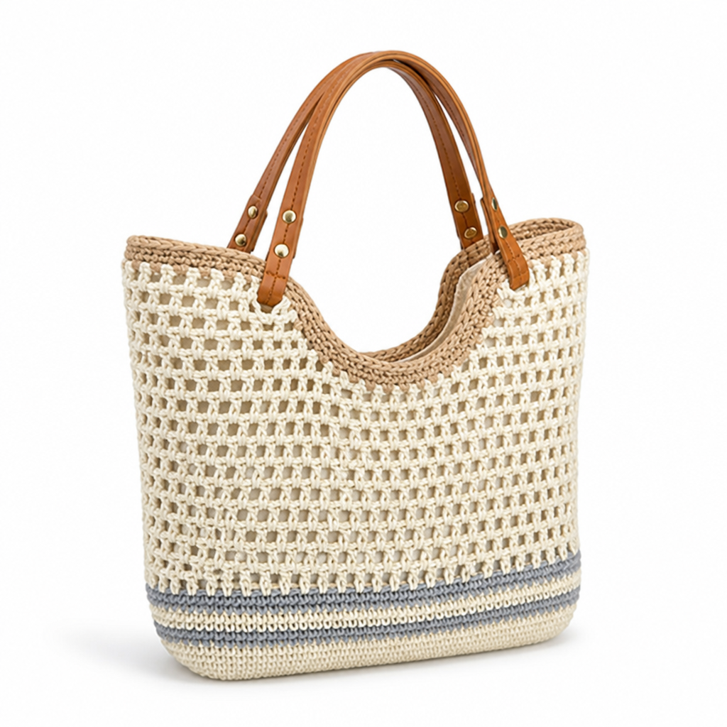Handwoven Straw Tote With Genuine Leather Handles (Large)