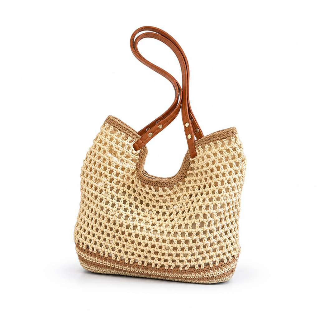 Handwoven Straw Tote With Genuine Leather Handles (Large)