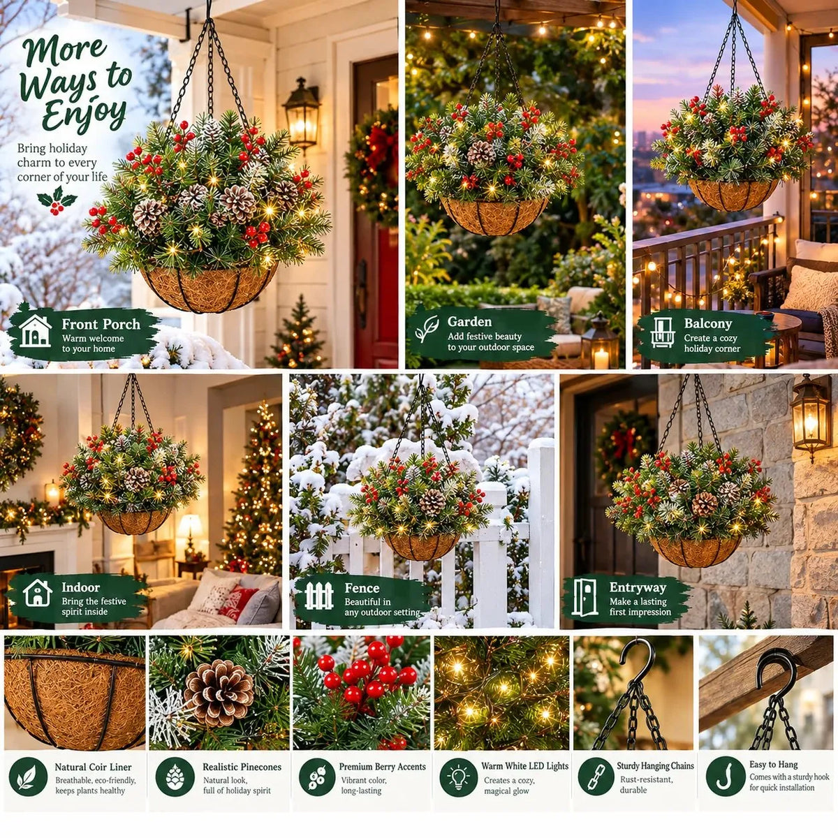 Hanging Christmas Basket Pre-Lit Warm White LEDs Battery-Powered