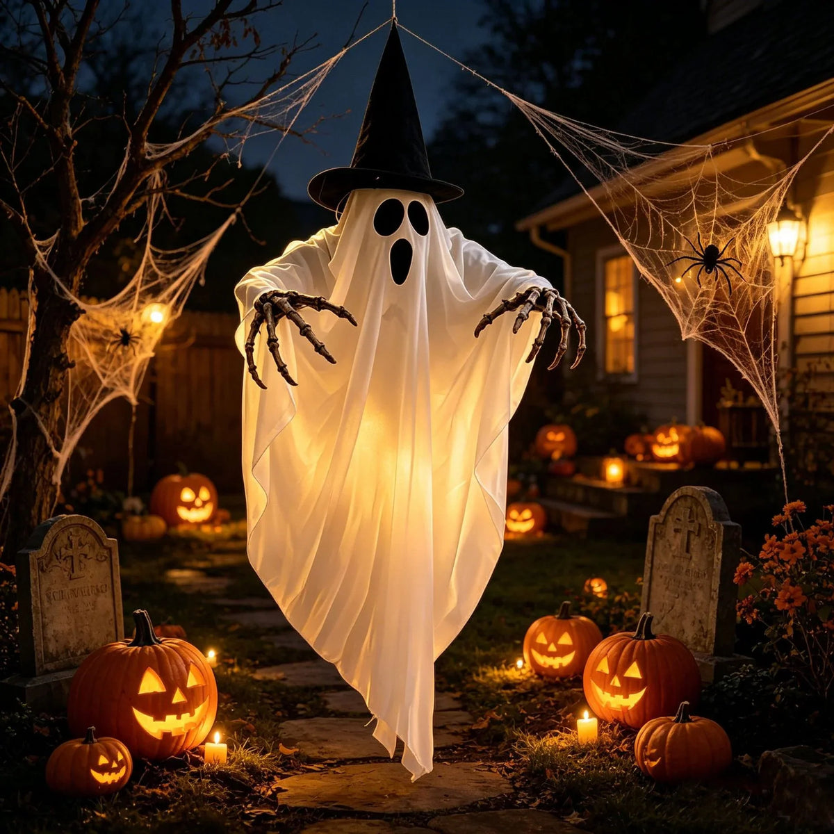 Hanging Ghost LED Witch Hat & Posable Arms