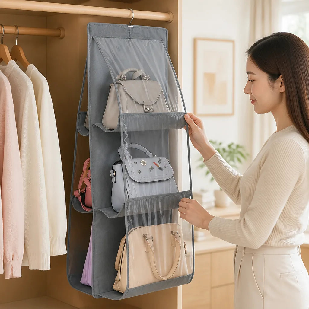 Hanging Handbag Organizer Double-Sided Holds Six Dust-Resistant Fabric