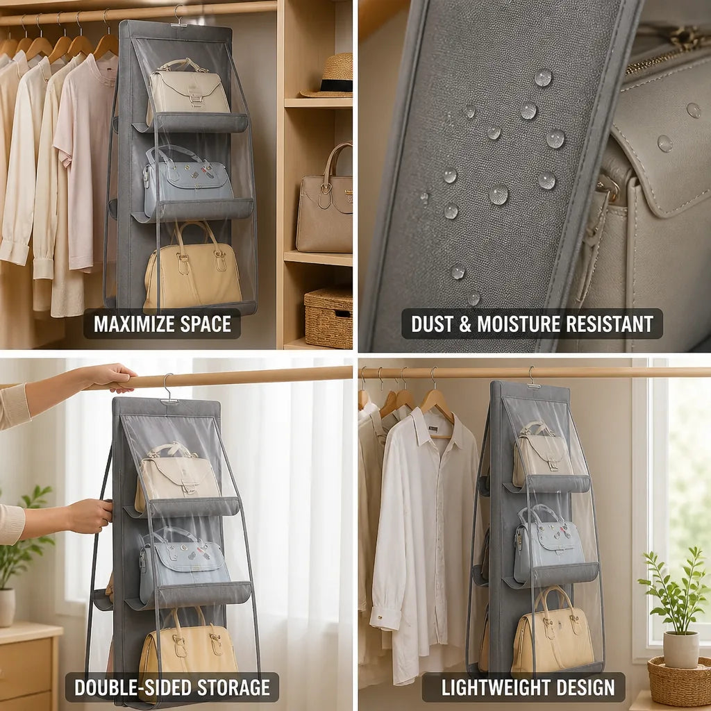 Hanging Handbag Organizer Double-Sided Holds Six Dust-Resistant Fabric