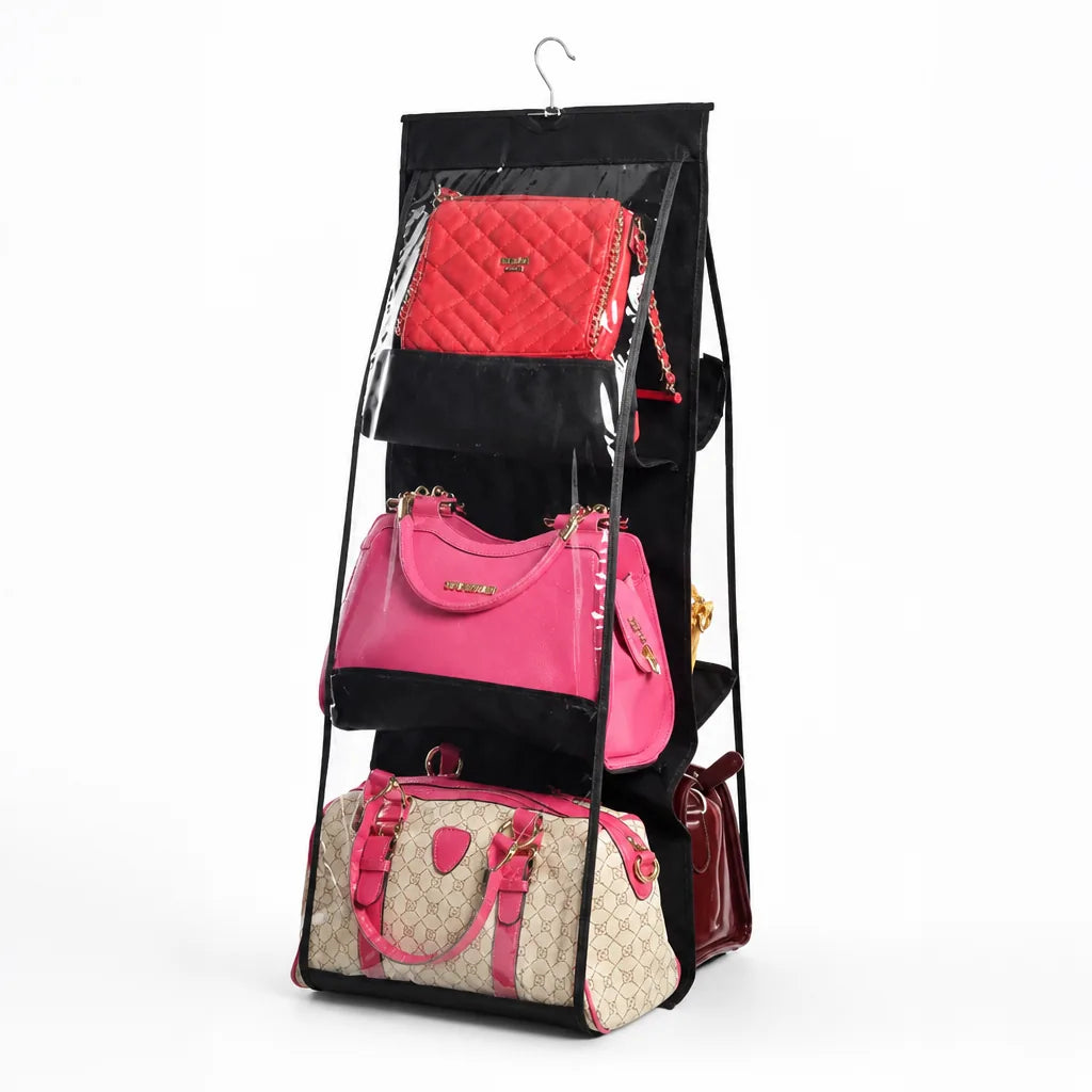 Hanging Handbag Organizer Double-Sided Holds Six Dust-Resistant Fabric