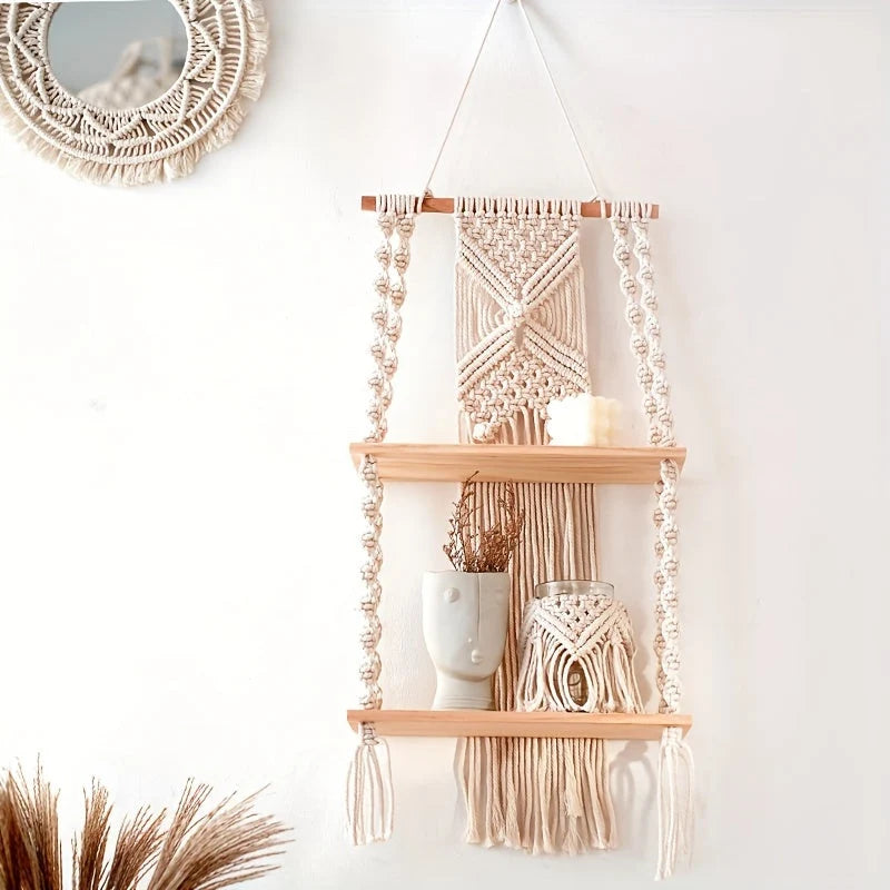 Hanging Shelf 2-Tier Hand-Knotted Macrame Timber Shelves