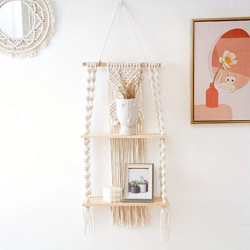 Hanging Shelf 2-Tier Hand-Knotted Macrame Timber Shelves