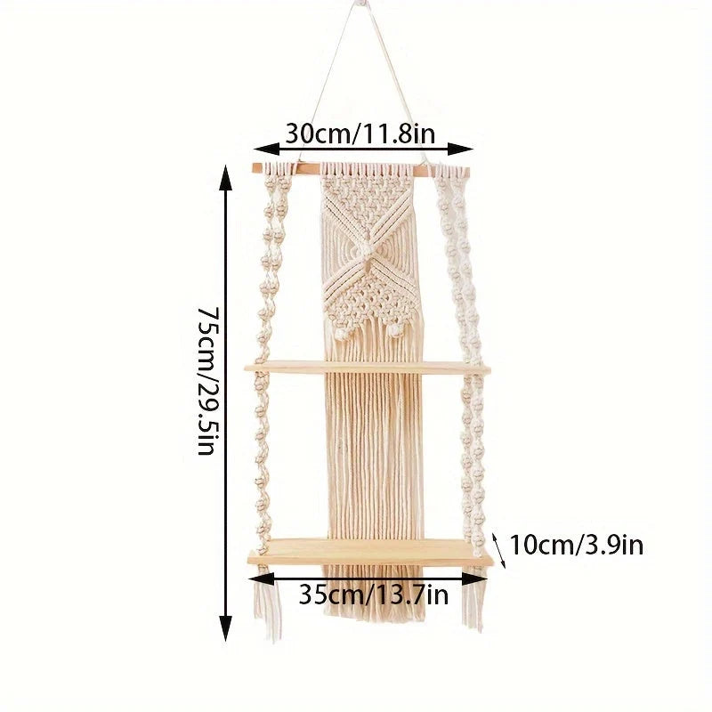 Hanging Shelf 2-Tier Hand-Knotted Macrame Timber Shelves