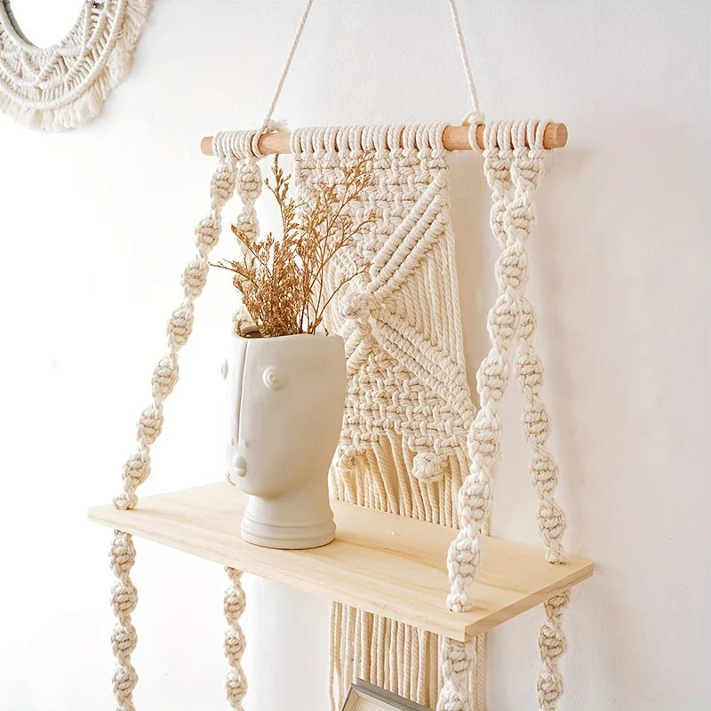 Hanging Shelf 2-Tier Hand-Knotted Macrame Timber Shelves