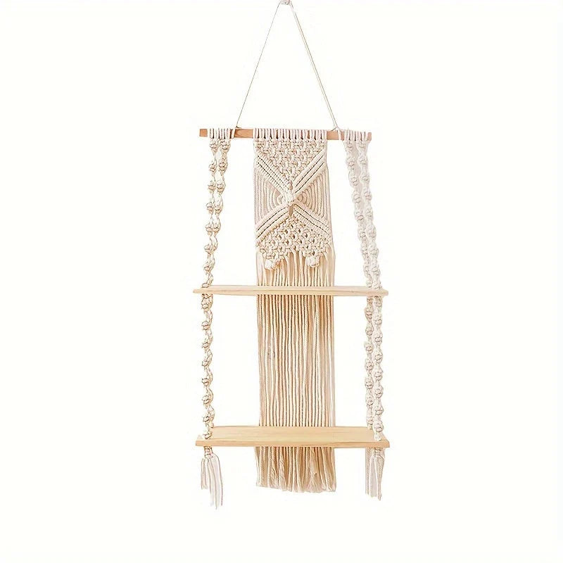 Hanging Shelf 2-Tier Hand-Knotted Macrame Timber Shelves