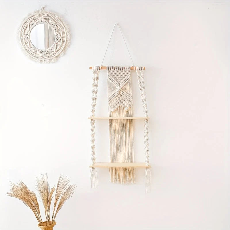 Hanging Shelf 2-Tier Hand-Knotted Macrame Timber Shelves