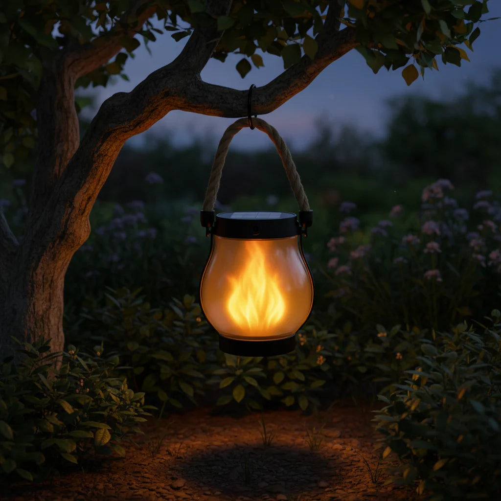 Hanging Solar Lantern Flickering Flame Weatherproof