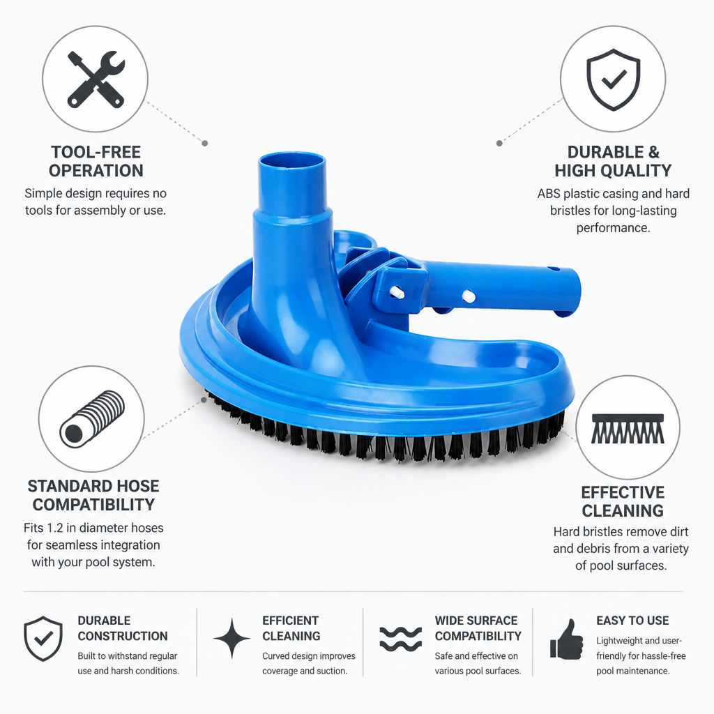 Hard-Bristle Flexible Half-Moon Pool Vacuum Head (Fits 1.2in Hose)