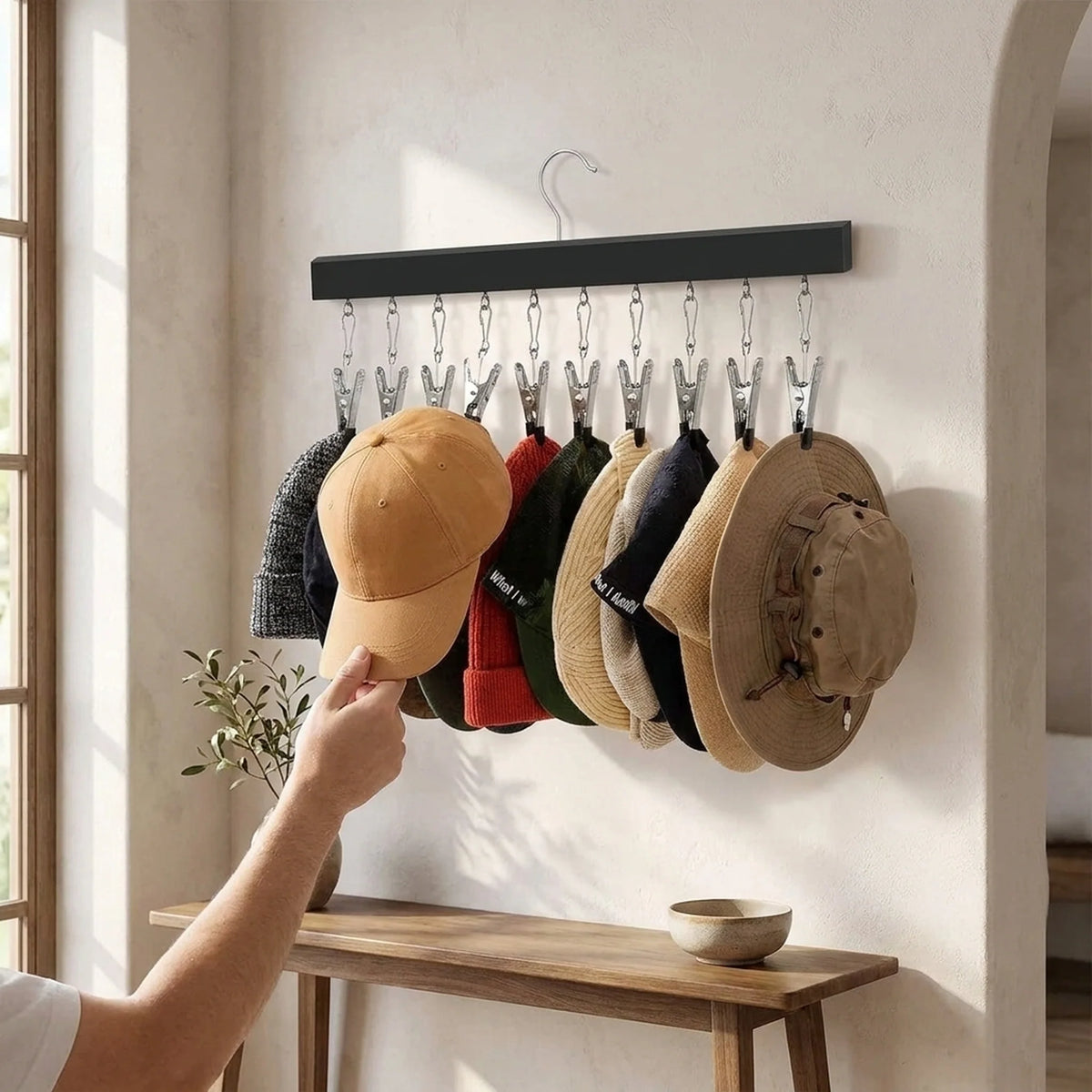 Hat Organizer Wooden Wall Display 12 Clips