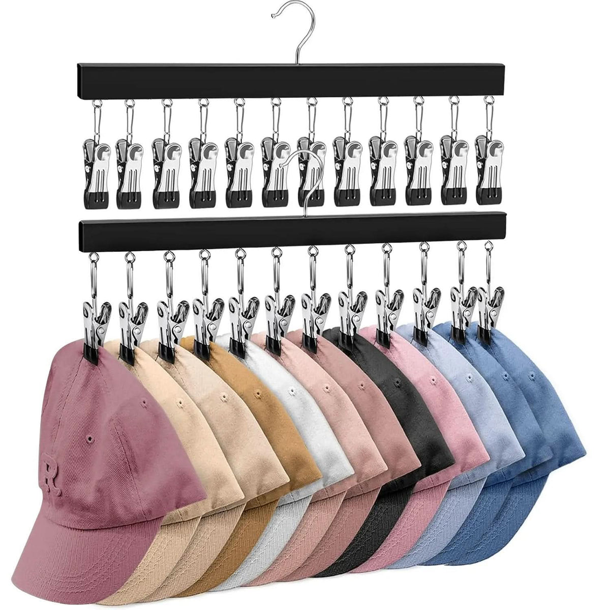 Hat Organizer Wooden Wall Display 12 Clips
