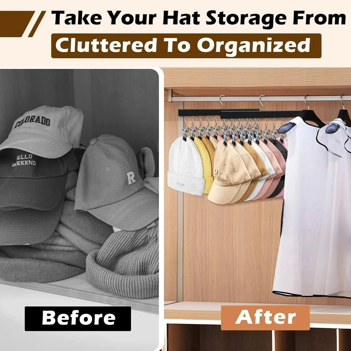 Hat Organizer Wooden Wall Display 12 Clips