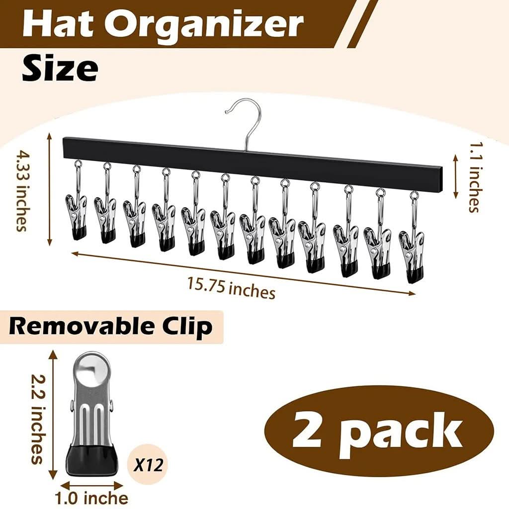 Hat Organizer Wooden Wall Display 12 Clips