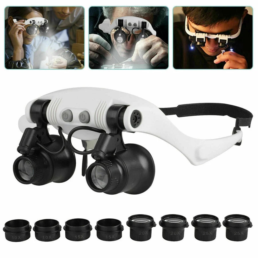 Headband Magnifier Adjustable LED & Interchangeable 10X-25X Lenses