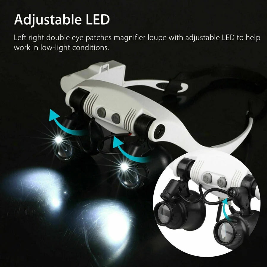 Headband Magnifier Adjustable LED & Interchangeable 10X-25X Lenses