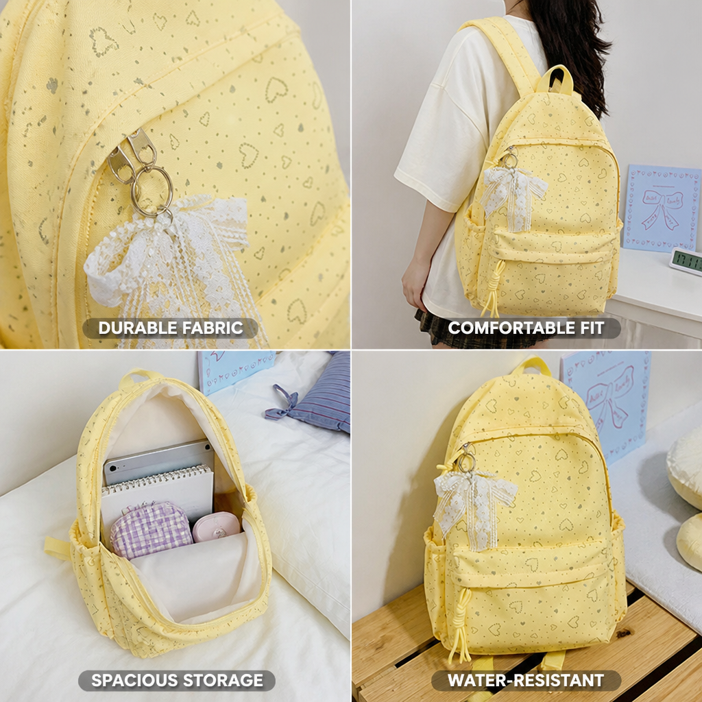Heart-Patterned Padded Straps School Backpack