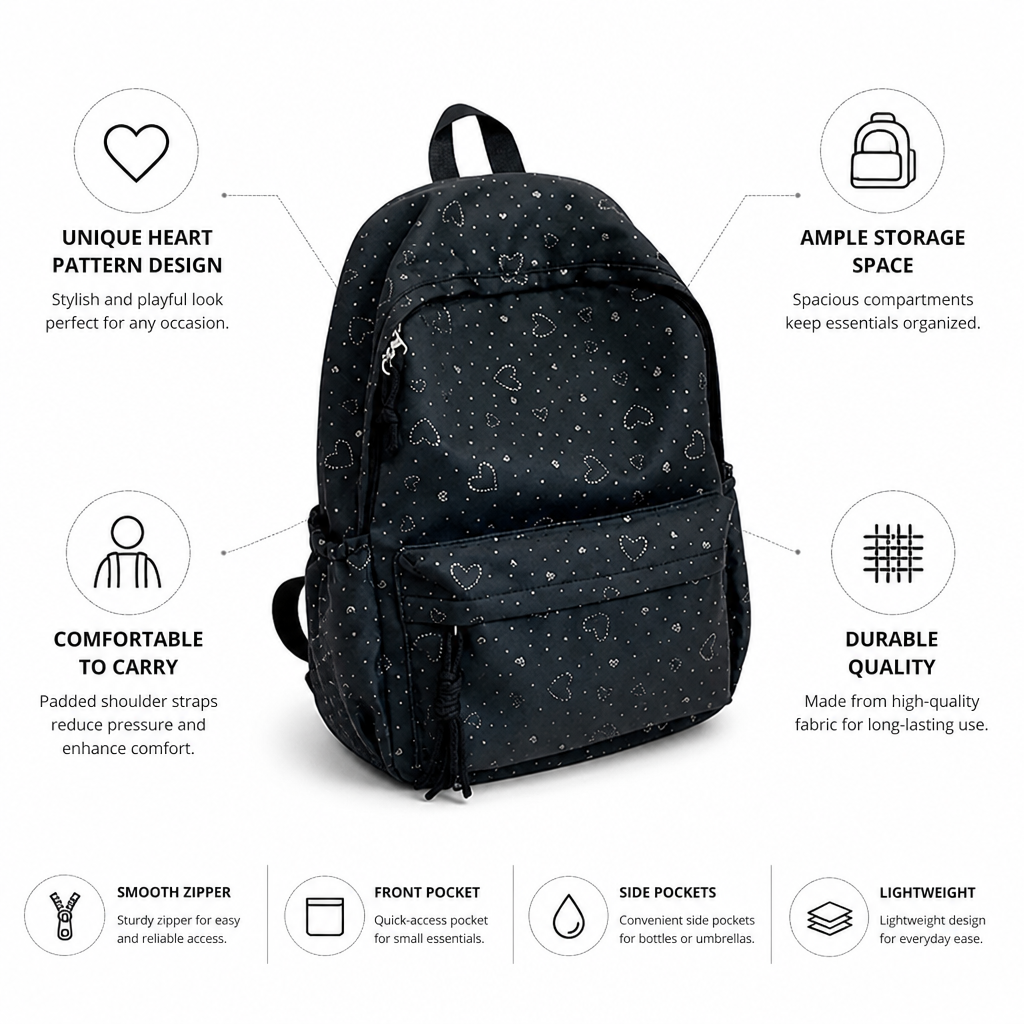 Heart-Patterned Padded Straps School Backpack