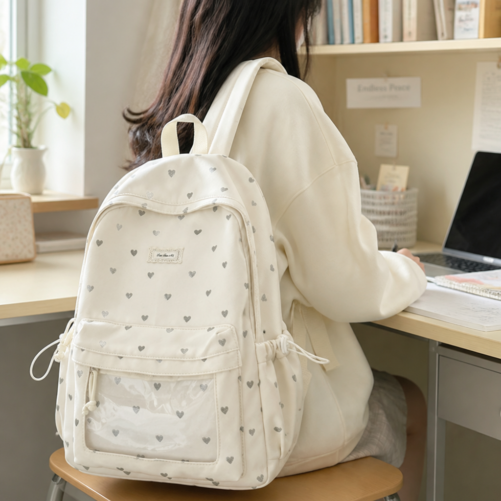 Heart-Patterned Water-Resistant School Backpack (Adjustable Padded Straps)